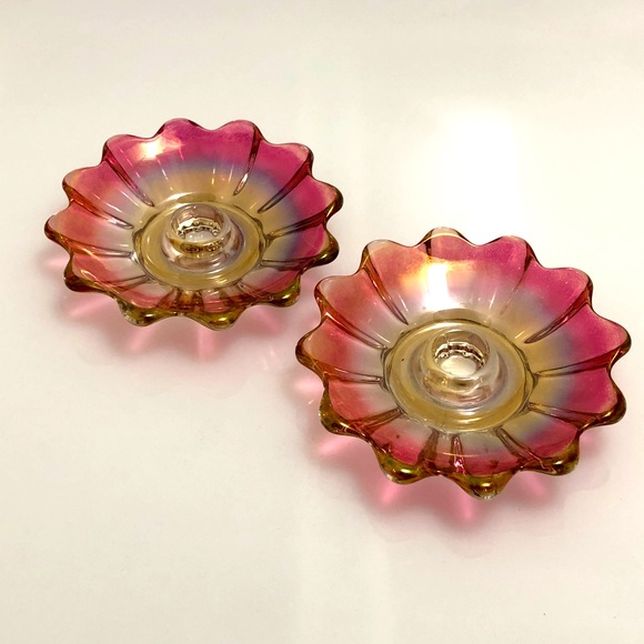 2 Midcentury American candleholders plates , cranberry pink Amberina glass. - Picture 2 of 5
